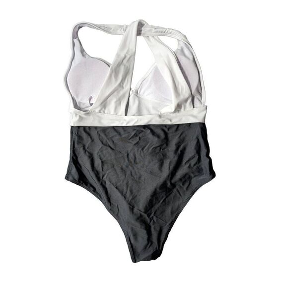 NWOT SHEIN Two Tone Black and White Halter One Piece Swimsuit Women's Large - Picture 2 of 5